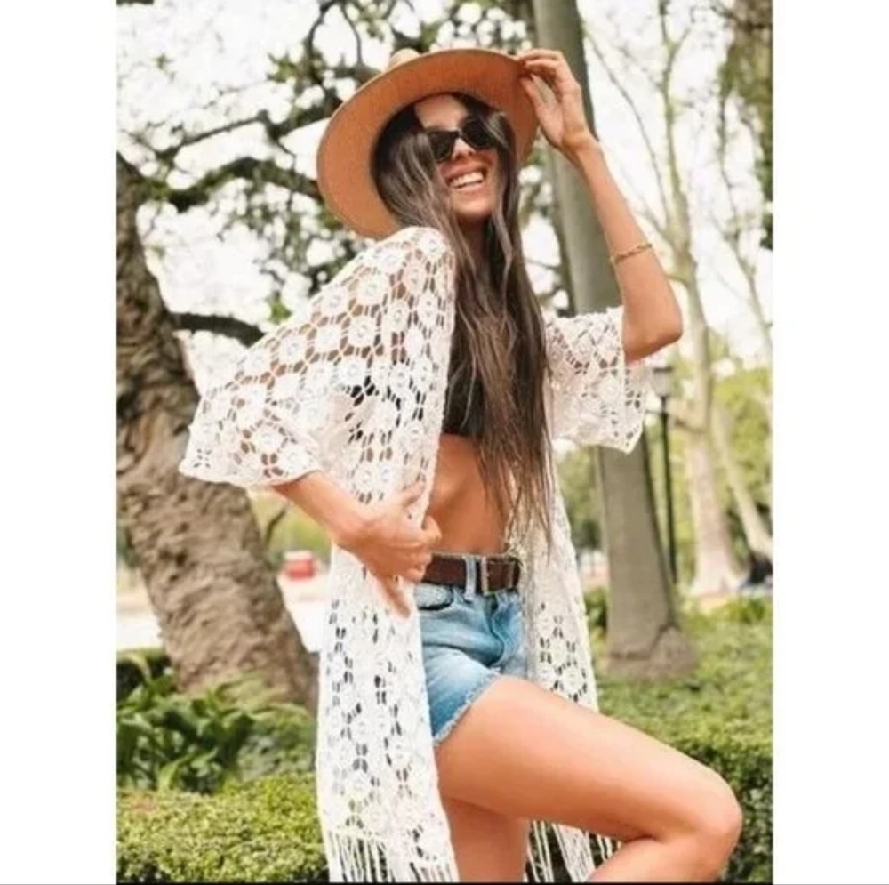 Boho Crochet, Lace, Fringe Ivory Open Front Kimono Cardigan by Rebellion